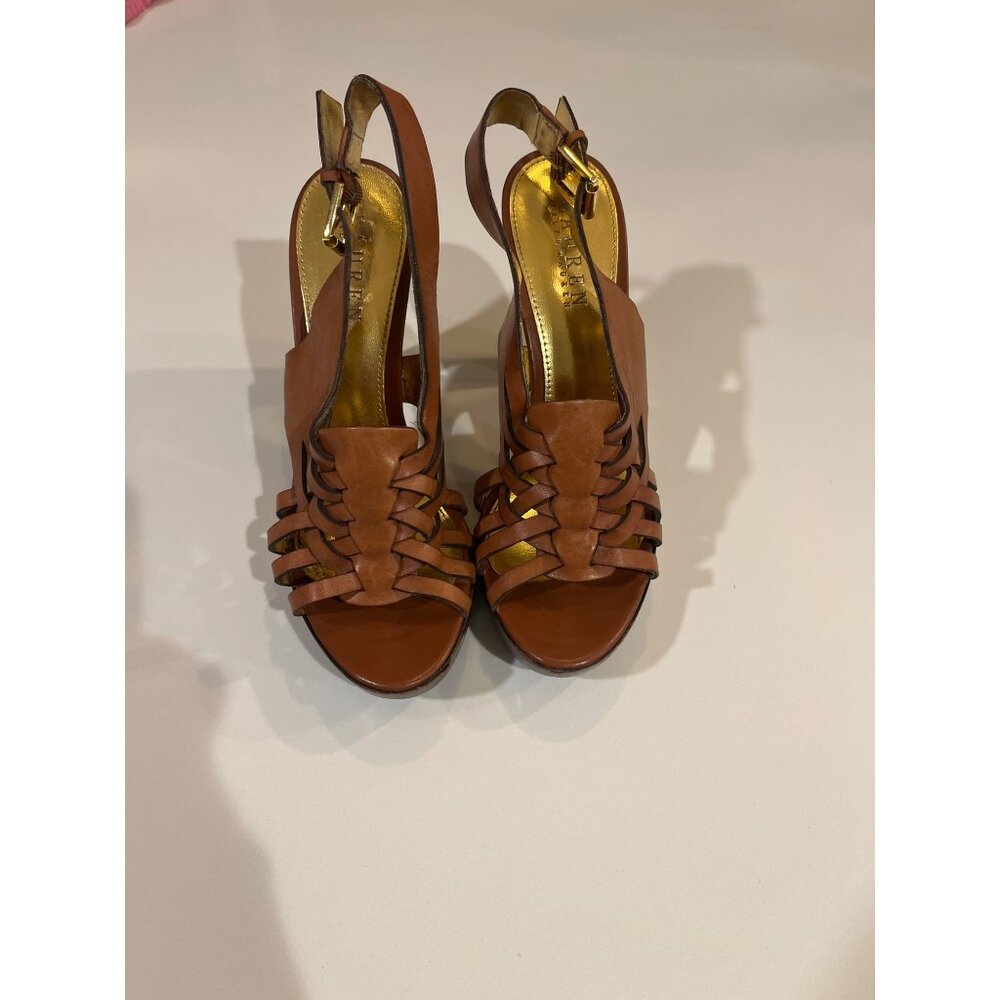 Lauren Ralph Lauren Brown Leather Strappy High Heel Sandals With Slingback & Buc
